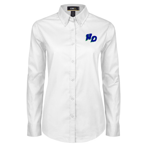 Womens White Twill Button Down Long Sleeve-Notre Dame de La Baie Academy Notre Dame ND Stand Alone