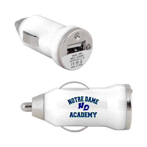 On the Go White Car Charger-Notre Dame de La Baie Academy Notre Dame Academy ND Stacked 2 Color