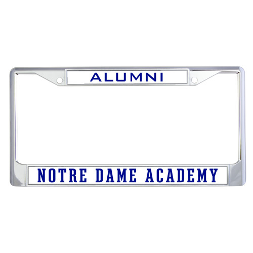 Alumni Metal License Plate Frame in Chrome-Notre Dame de La Baie Academy Notre Dame Academy Flat Text