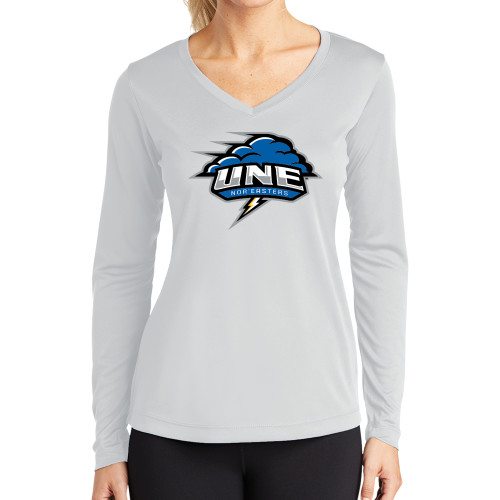  Womens White Performance Long Sleeve V Neck Shirt - Primary Athletics Mark