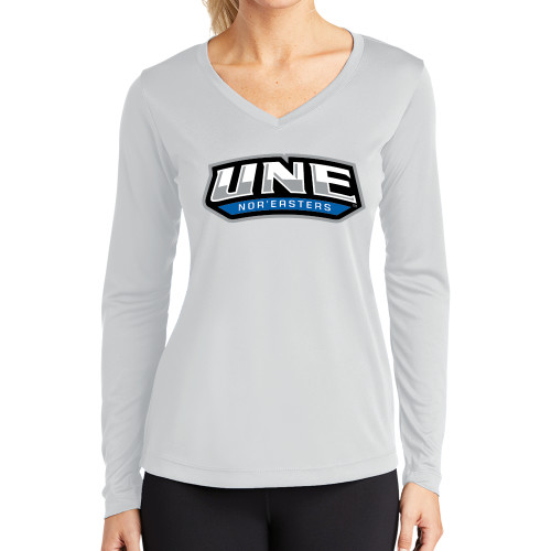  Womens White Performance Long Sleeve V Neck Shirt - UNE