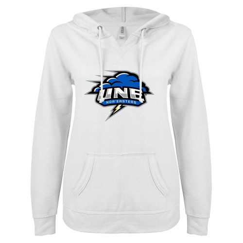  ENZA Womens White V Notch Raw Edge Fleece Hoodie - Primary Athletics Mark