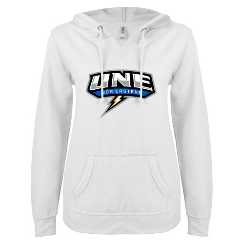 ENZA Womens White V Notch Raw Edge Fleece Hoodie - UNE w Bolt