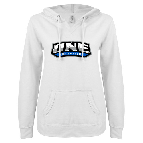 ENZA Womens White V Notch Raw Edge Fleece Hoodie - UNE