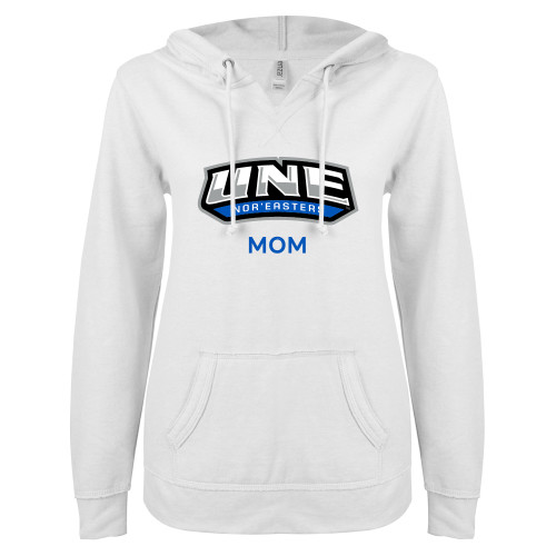  ENZA Womens White V Notch Raw Edge Fleece Hoodie - Mom