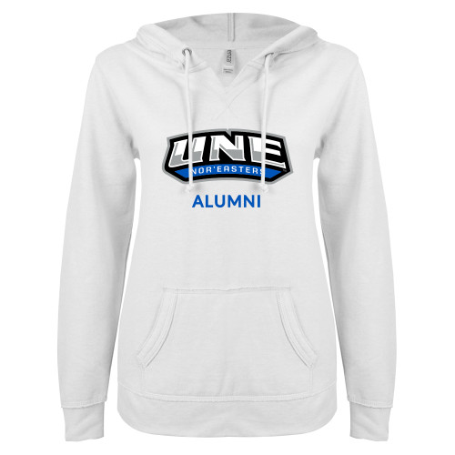  ENZA Womens White V Notch Raw Edge Fleece Hoodie - Alumni