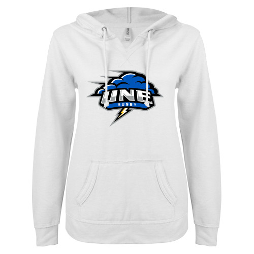  ENZA Womens White V Notch Raw Edge Fleece Hoodie - Rugby
