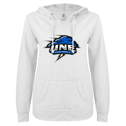  ENZA Womens White V Notch Raw Edge Fleece Hoodie - Football