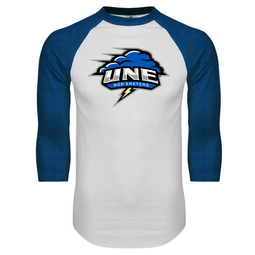  White/Royal Raglan Baseball T Shirt - Primary Athletics Mark