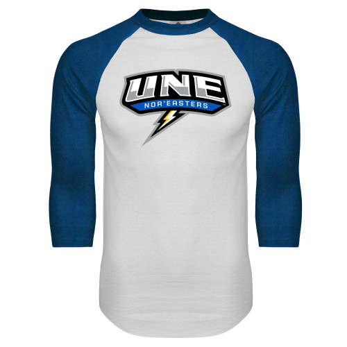  White/Royal Raglan Baseball T Shirt - UNE w Bolt