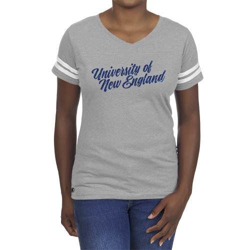  Fall Rush Ladies Athletic Grey 60/40 Football Tee - H Dark Blue Glitter