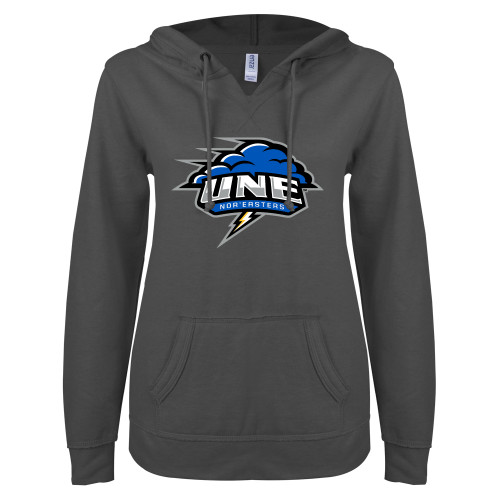  ENZA Womens Dark Heather V Notch Raw Edge Fleece Hoodie - Primary Athletics Mark