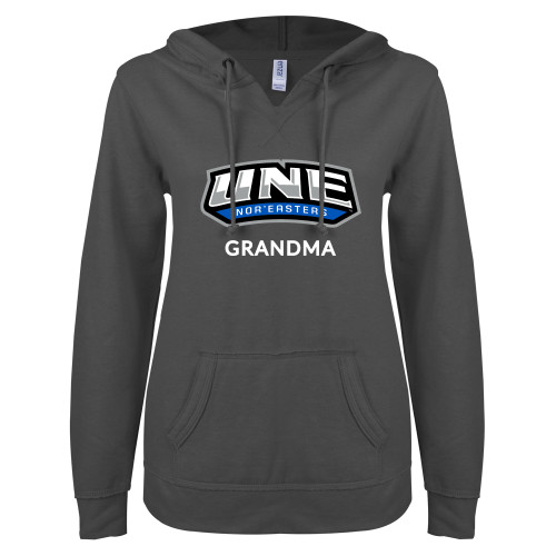  ENZA Womens Dark Heather V Notch Raw Edge Fleece Hoodie - Grandma