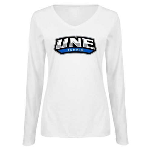  Womens White Long Sleeve V Neck Tee  - UNE Tennis