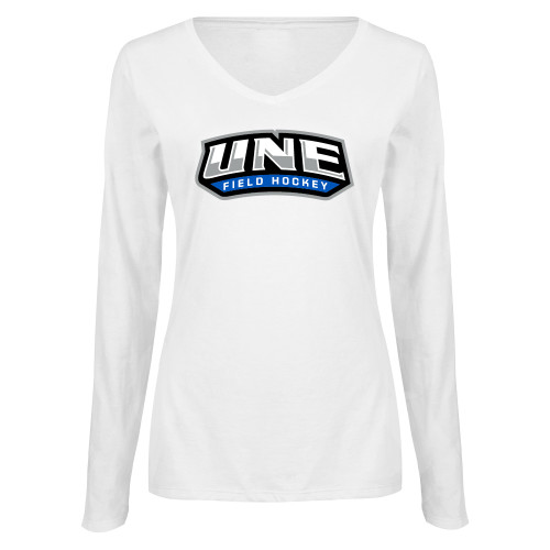  Womens White Long Sleeve V Neck Tee  - UNE Field Hockey