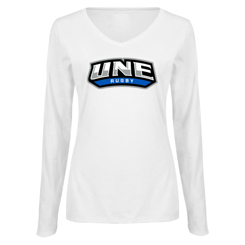  Womens White Long Sleeve V Neck Tee  - UNE Rugby