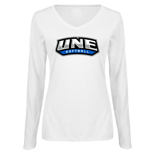  Womens White Long Sleeve V Neck Tee  - UNE Softball