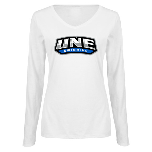  Womens White Long Sleeve V Neck Tee  - UNE Swimming