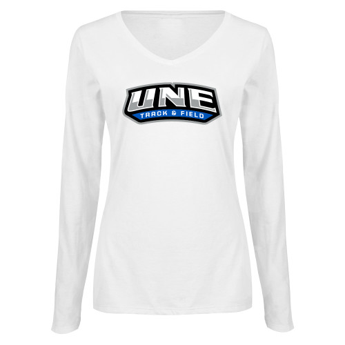  Womens White Long Sleeve V Neck Tee  - UNE - Track and Field