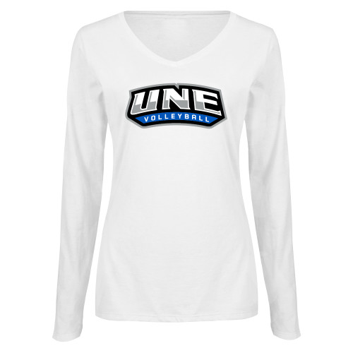  Womens White Long Sleeve V Neck Tee  - UNE Volleyball