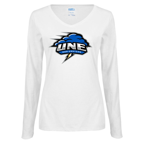  Womens White Long Sleeve V Neck Tee - Primary Athletics Mark