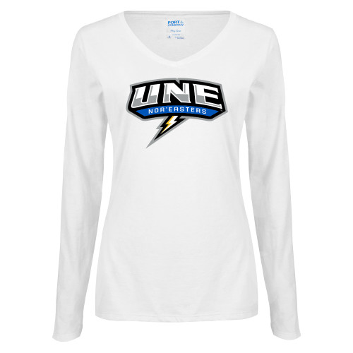  Womens White Long Sleeve V Neck Tee - UNE w Bolt