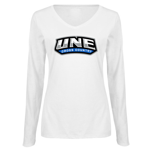  Womens White Long Sleeve V Neck Tee  - UNE Cross Country