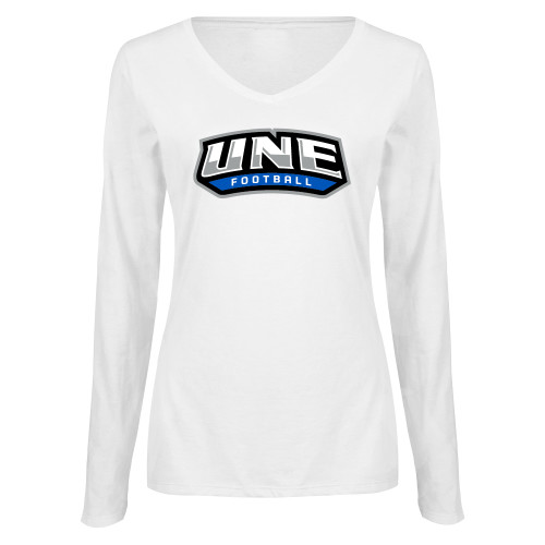  Womens White Long Sleeve V Neck Tee  - UNE Football