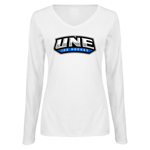  Womens White Long Sleeve V Neck Tee  - UNE Ice Hockey