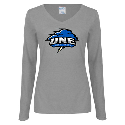  Womens Grey Long Sleeve V Neck Tee  - Primary Athletics Mark