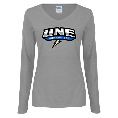  Womens Grey Long Sleeve V Neck Tee  - UNE w Bolt