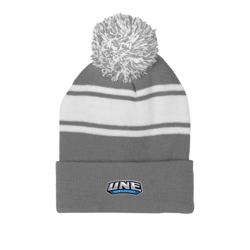  Grey/White Two Tone Knit Pom Beanie w/Cuff - UNE