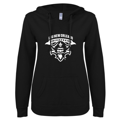  ENZA Womens Black V Notch Raw Edge Fleece Hoodie - LSU New Orleans Privateers Mascot