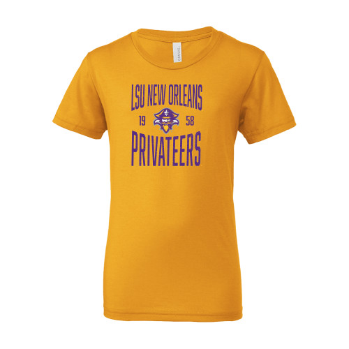  Bella + Canvas Youth Gold Jersey T Shirt - LSU New Orleans Privateers Distressed