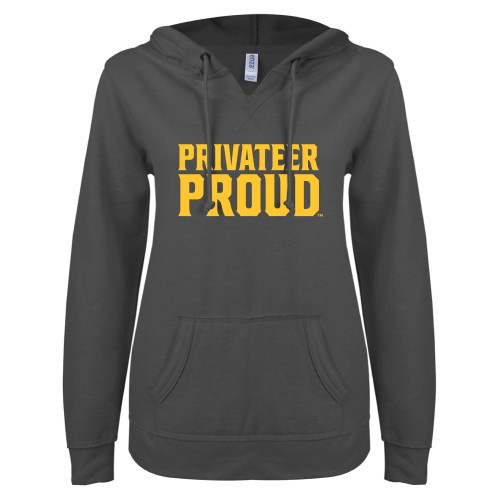  ENZA Womens Dark Heather V Notch Raw Edge Fleece Hoodie - Privateer Proud Stacked
