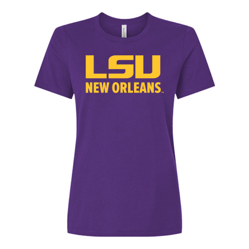  Bella + Canvas Womens Purple Relaxed Cotton T Shirt - LSU New Orleans Stacked