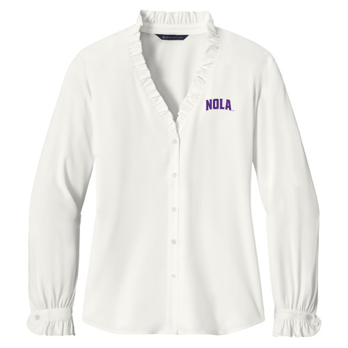  Brooks Brothers Womens Off White Long Sleeve Ruffle Collar Blouse - NOLA Arched Wordmark