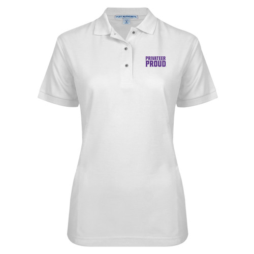  Womens Silk Touch White Pique Polo - Privateer Proud Stacked