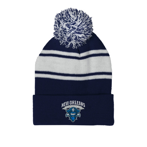  Navy/White Two Tone Knit Pom Beanie w/Cuff - Primary Mark