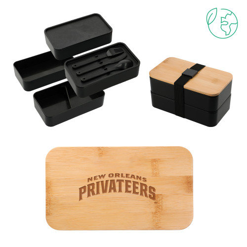  Stackable Bamboo Fiber Black Bento Box - Arched Engraved