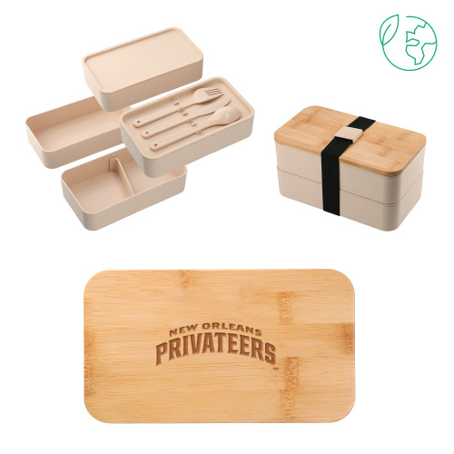  Stackable Bamboo Fiber Beige Bento Box - Arched Engraved