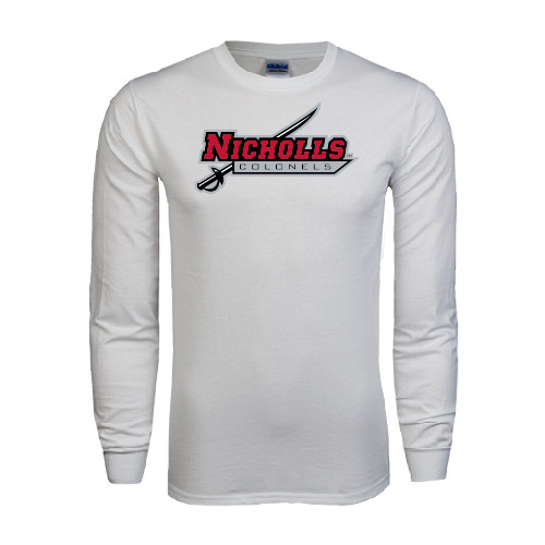  White Long Sleeve T Shirt - Nicholls Colonels-Sword
