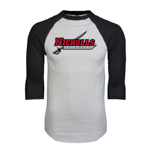  White/Black Raglan Baseball T Shirt - Nicholls Colonels-Sword
