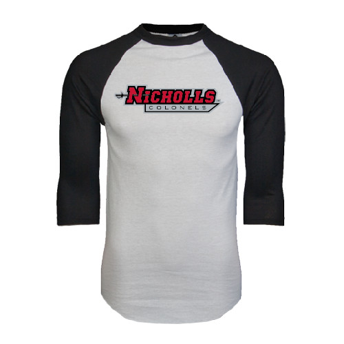  White/Black Raglan Baseball T Shirt - Nicholls Colonels