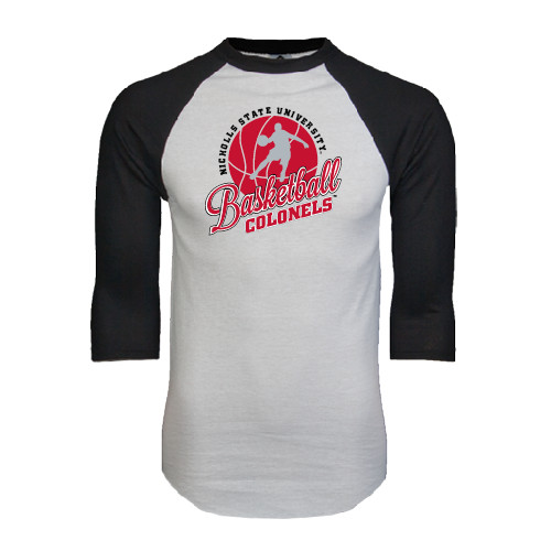  White/Black Raglan Baseball T Shirt - Basketball w/ Ball and Figure