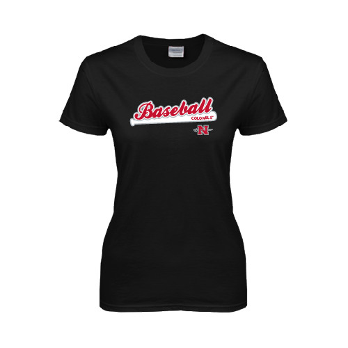  Womens Black Short Sleeve Tee - Baseball Script