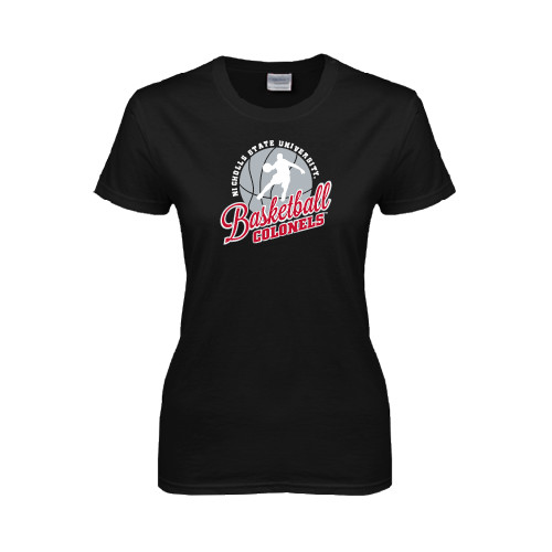  Womens Black Short Sleeve Tee - Basketball w/ Ball and Figure