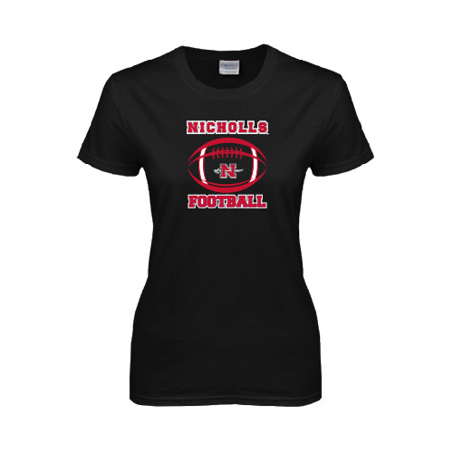  Womens Black Short Sleeve Tee - Nicholls Football Stacked w/ Ball