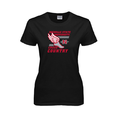  Womens Black Short Sleeve Tee - Cross Country Winged Shoe