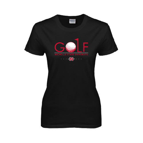  Womens Black Short Sleeve Tee - Golf w/ Ball and Flag